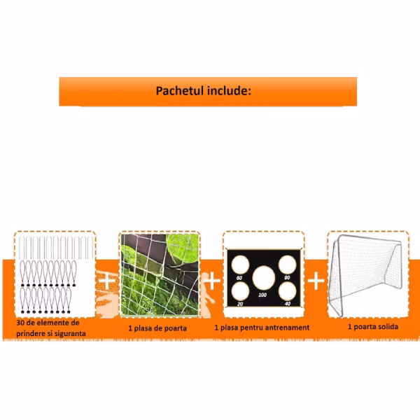 Poarta.Fotbal.04 Poartă de fotbal XXL KickMaster Junior pentru copii 240x170x85 cm cu panou de ţintire pentru antrenament