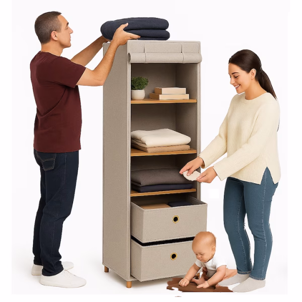 DulapSlim_Crem01 Dulap Slim din Lemn cu sertare din material textil 113 x 42 cm