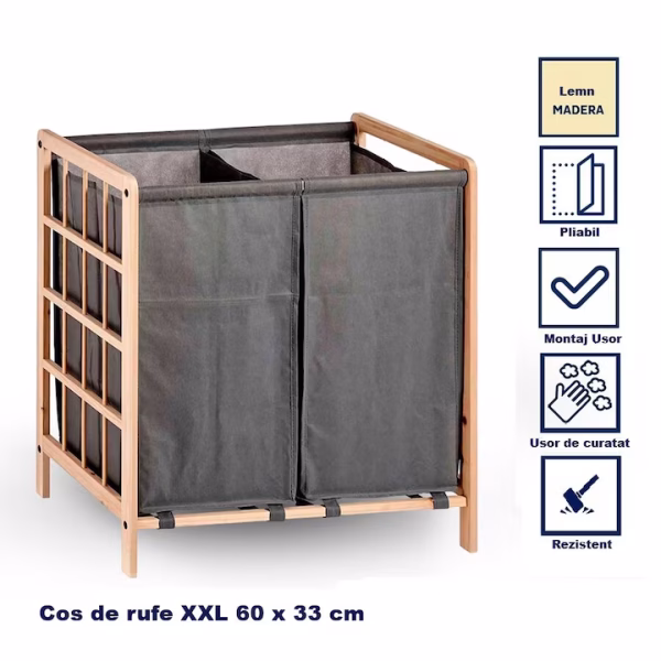 CosRufe02 Coş de rufe dublu XXL din lemn, cu 2 compartimente