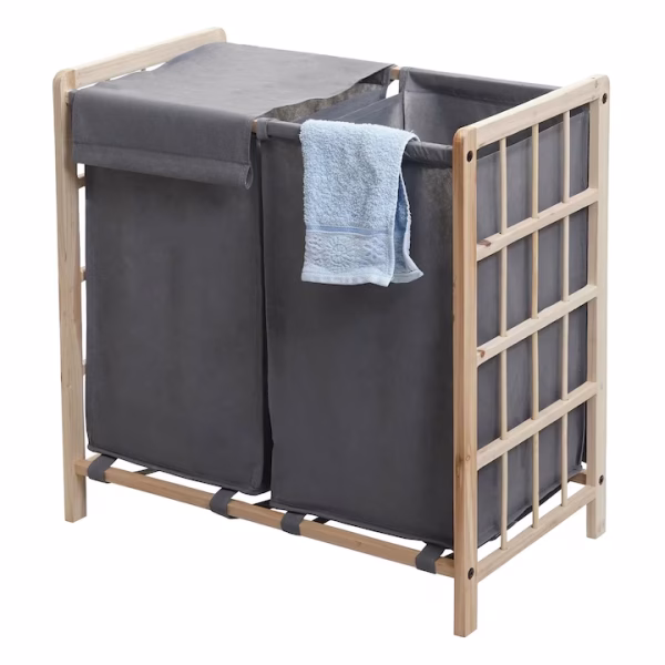 CosRufe04 Coş de rufe dublu XXL din lemn, cu 2 compartimente