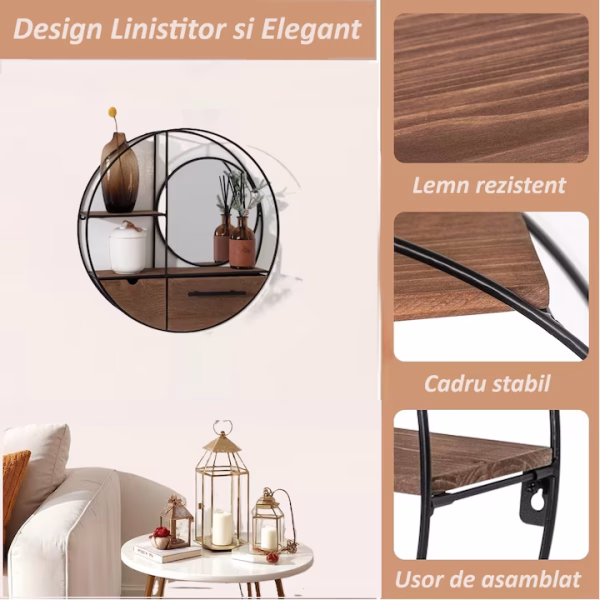 Decoraţiune Moon Mirror din lemn cu oglindă şi sertare